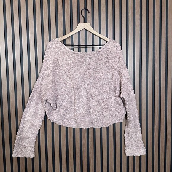 Free People Top Small Womens Pink Terry Fleece High Low Round Neck Fuzzy Sherpa - Picture 2 of 7